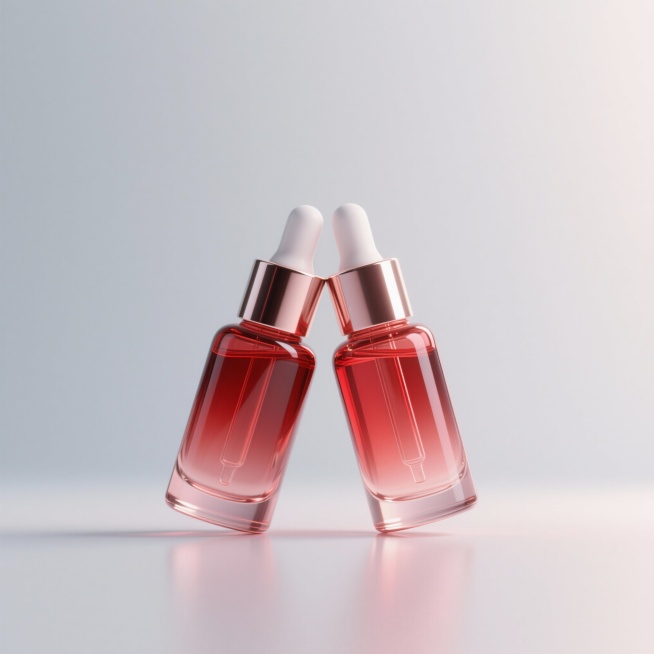 帮我生成一个高档红色玻璃材质精华小瓶，2个精华瓶交叉正视视角展示在空白背景上预览效果