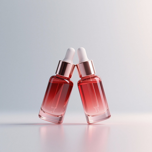 帮我生成一个高档红色玻璃材质精华小瓶，2个精华瓶交叉正视视角展示在空白背景上
