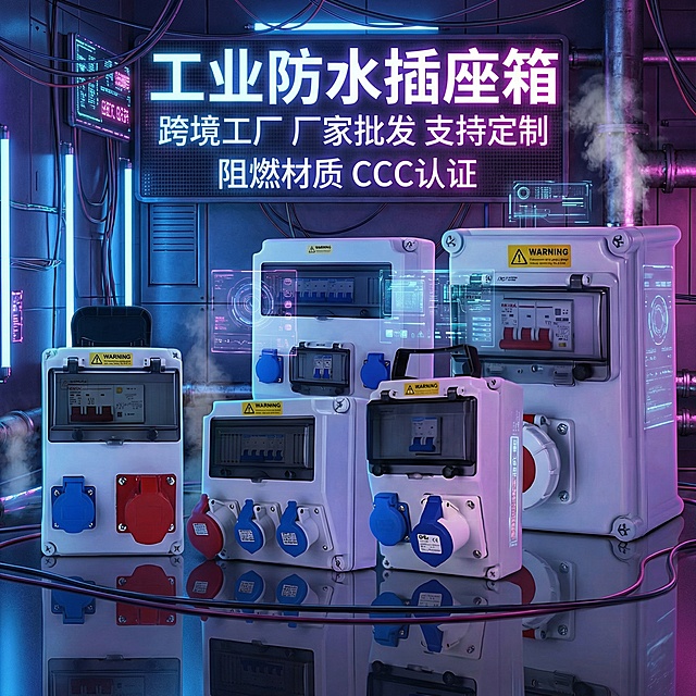 为工业防水插座箱制作跨境电商主图，添加文字"工业防水插座箱 跨境工厂 厂家批发 支持定制 阻燃材质 CCC认证"，背景为赛博朋克风格的工业车间，霓虹灯光烘托产品的科技感与未来感