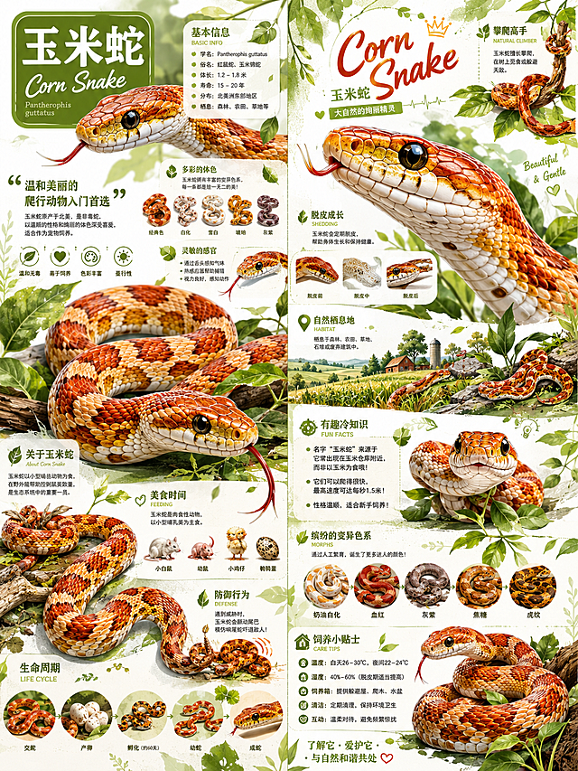 参考参考图片的图文排版科普海报风格，重新生成画面内容，主体是玉米蛇，整体排版布局和参考图一致，多图科普信息排版设计，绿色自然风格，生物科普海报