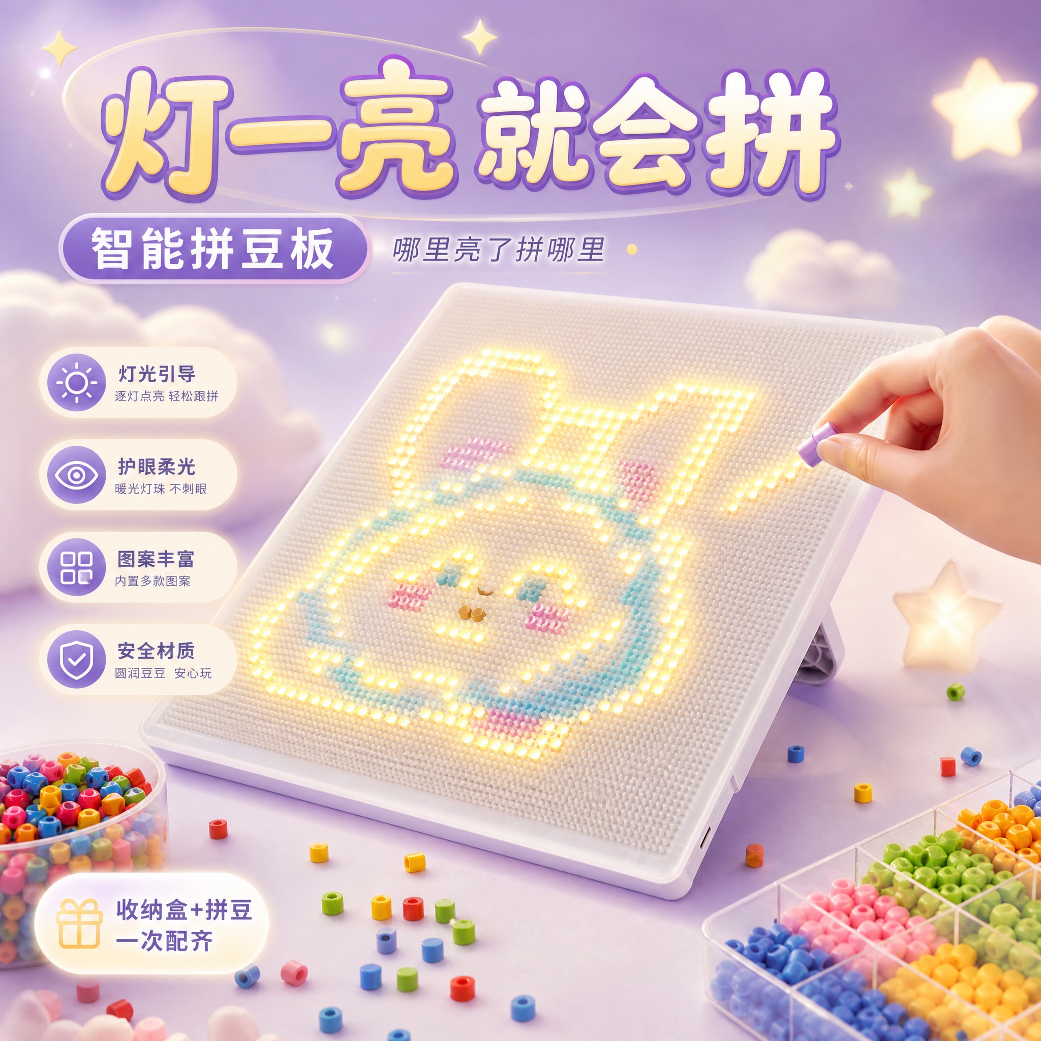 电商高点击主图海报，轻科技治愈风格，浅紫+奶油白+暖黄灯光配色… - 图片创意预览