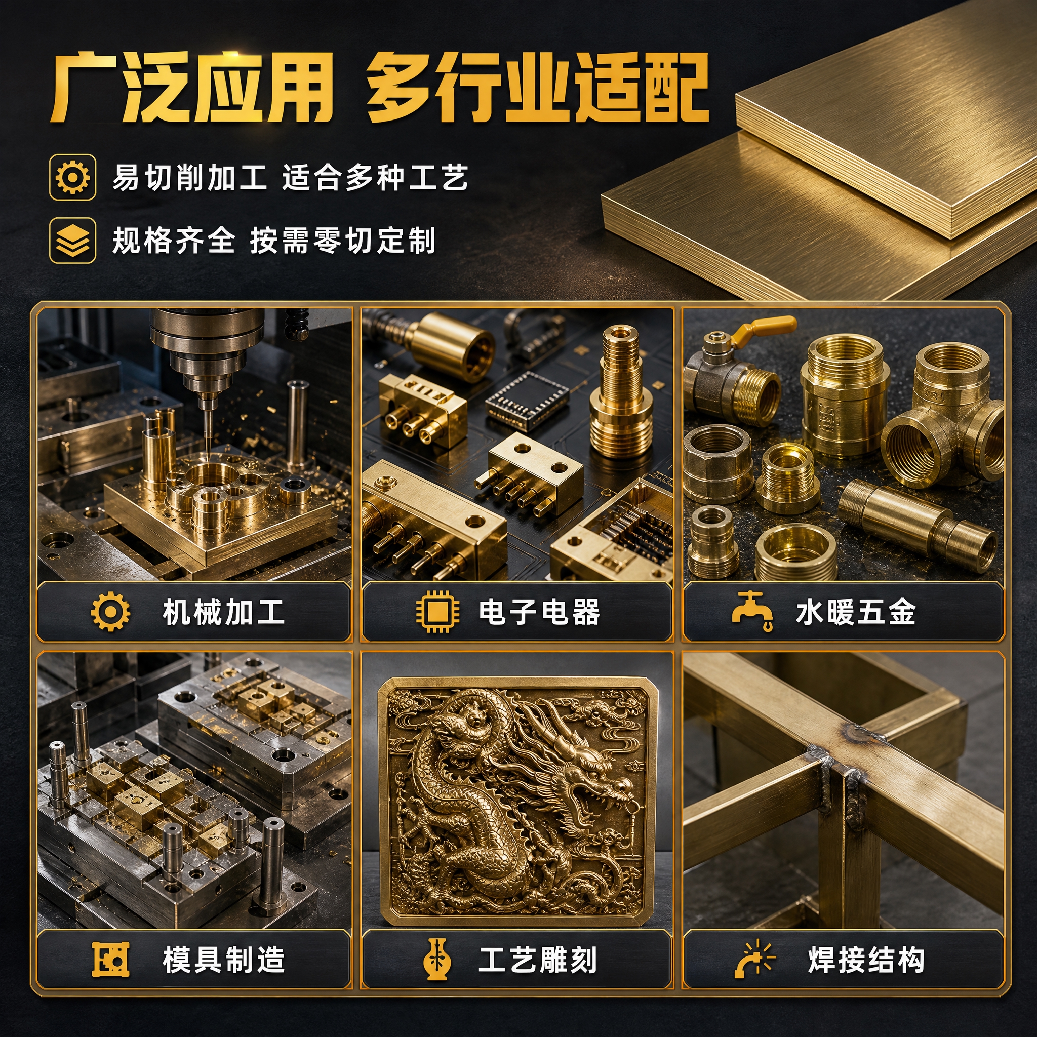 [主图-4] 黄铜板材应用场景与适用行业图，展示产品广泛的工业… - 图片创意预览
