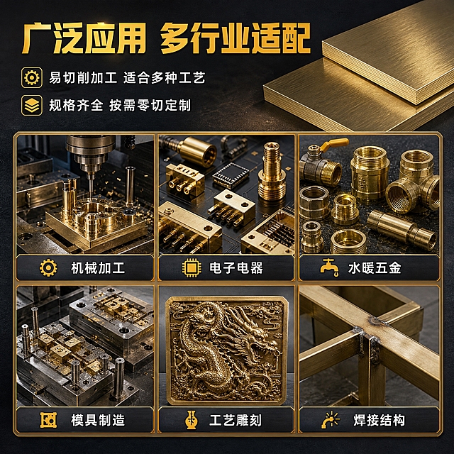 [主图-4] 黄铜板材应用场景与适用行业图，展示产品广泛的工业用途与加工适配性。
[统一基调] 整体风格为工业专业金属质感，背景主色为深灰渐变+暖金属反光，标题字色为金黄色，辅助字色为白色，强调色为橙金色，字体为粗黑体无衬线，字号层级分明，卡片用深灰金属边框+轻微金属拉丝质感，整体满版高信息密度构图。
[画面] 上部为大标题与2个核心卖点短句；下部为6宫格场景图，每格展示一个黄铜板材的典型应用场景小图：1. 机械加工零件 2. 电子电器元件 3. 水暖五金配件 4. 模具制造 5. 工艺品雕刻 6. 焊接结构件；每个场景小图中都有黄铜制品或加工过程的示意；画面右上角叠放一块黄铜板材作为产品锚点，保持产品存在感；背景为深灰色工业风渐变。
[光影质感] 整体商业摄影质感，主产品黄铜板材保持金属高光与真实质感；6宫格小图各自场景光线自然统一，整体色调协调，突出工业专业氛围。
[配色] 深灰背景，金黄色主标题，白色场景标签文字，橙金色宫格边框与图标，黄铜本色，整体丰富而不杂乱。
[文字版式] 上部主标题"广泛应用 多行业适配"，金黄色粗黑体超大字号；下方2行卖点："易切削加工 适合多种工艺""规格齐全 按需零切定制"，白色中等字号；下部6宫格每格底部标注场景名称："机械加工""电子电器""水暖五金""模具制造""工艺雕刻""焊接结构"，白色小字；宫格之间用细橙金色线分隔；文字清晰，层级分明。
[输出要求] 1:1正方形比例，2K分辨率，文字清晰，场景真实自然，产品质感统一；负向：变形、错字、模糊、水印、平台Logo、场景与产品无关、塑料感、卡通感。