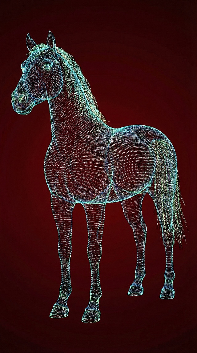 未来感与科技感交织的3D粒子马，以梦幻蓝光勾勒体积轮廓，呈现虚拟现实中的超现实主义美学。