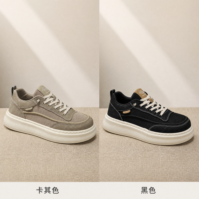 [主图2-双配色展示图] 男士隐形内增高休闲板鞋双配色展示图，同时展示卡其色和黑色两款鞋子。保持两款鞋子的外观、材质、颜色与输入图绝对一致，杜绝变形色差。采用左右分开展示版式，两款鞋子分别放置在画面左预览效果