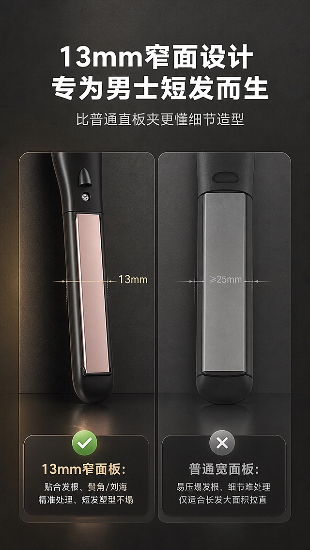 [商品] 使用【图6】【图7】烫发板窄面板特写；保留13mm宽度香槟金陶瓷面板、窄长夹板设计、黑色机身、面板边缘弧度。
[画面] 目标：核心差异化13mm专业窄面板，左右对比构图强化差异。构图：左右分栏对比，左侧13mm窄面板产品正面特写配绿色对勾标识，右侧普通宽面板示意图配灰色叉号标识，中间标注线突出面板宽度差异，深灰底色。
[视觉] 套系策略：风格=深炭灰哑光男士专业家电风；标题字=现代无衬线粗黑体（硬朗利落）；正文字=简洁无衬线体；主色=深炭灰/哑光黑；背景延展=基于深炭灰做哑光渐变、同色系明暗层次和细腻磨砂金属质感；强调色=香槟金/暖金色，仅用于小面积图标、引线、标签和局部光效；标题色=纯白；正文色=浅银灰；组件=圆角哑光信息卡、细线引线、金属质感标签；光影=左前侧暖金柔光+底部柔和倒影。
[文字] 顶部主标题「13mm窄面设计 专为男士短发而生」，副标题「比普通直板夹更懂细节造型」，左侧✅卖点「13mm窄面板：贴合发根、鬓角/刘海精准处理、短发塑型不塌」，右侧❌对比「普通宽面板：易压塌发根、细节难处理、仅适合长发大面积拉直」，文字全部横排。
[规格] 图片比例9:16竖版，4K分辨率，避免变形、错字、文字过小、冷蓝背景、产品颜色改变、结构失真、绝对化用语。