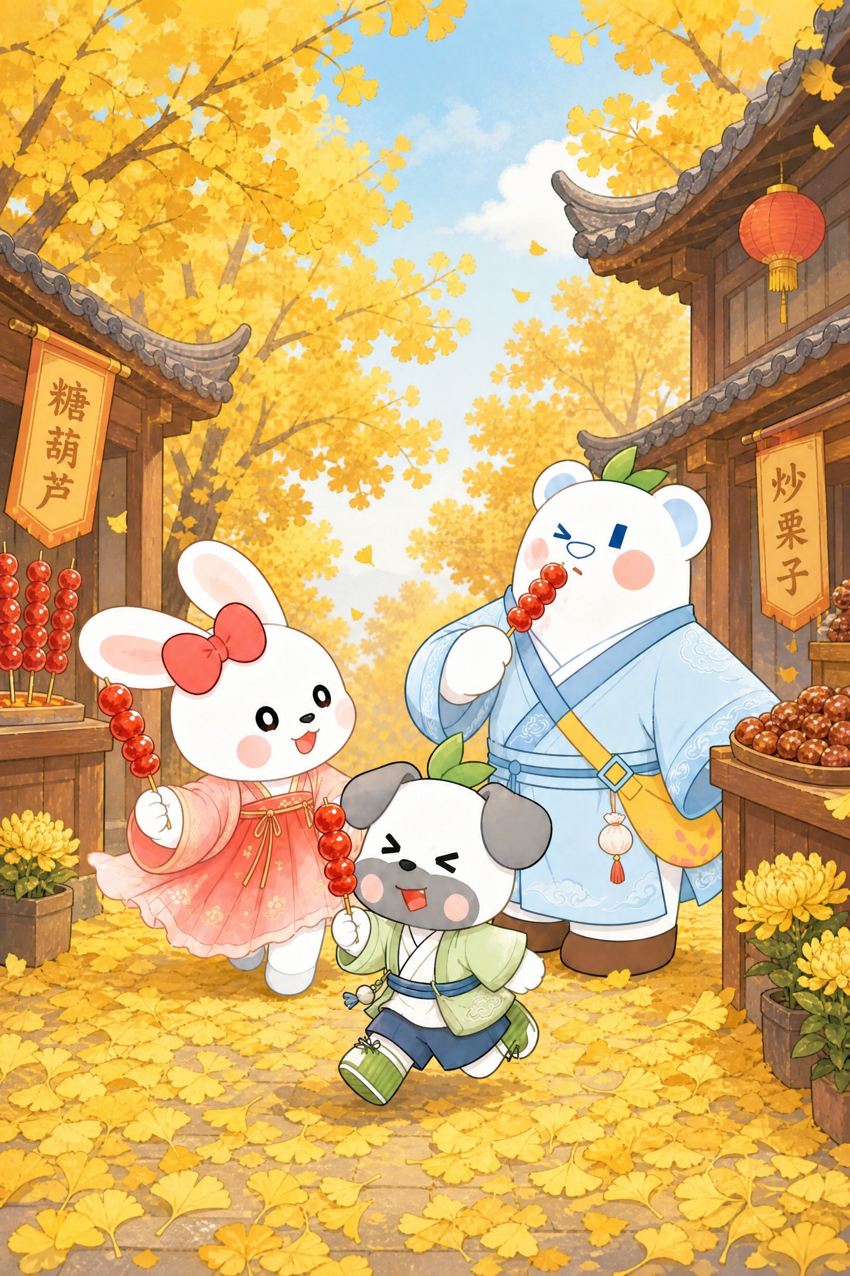 简化这个秋日古镇庙会场景，保留三个卡通角色（兔子、小狗、北极熊… - 图片创意预览