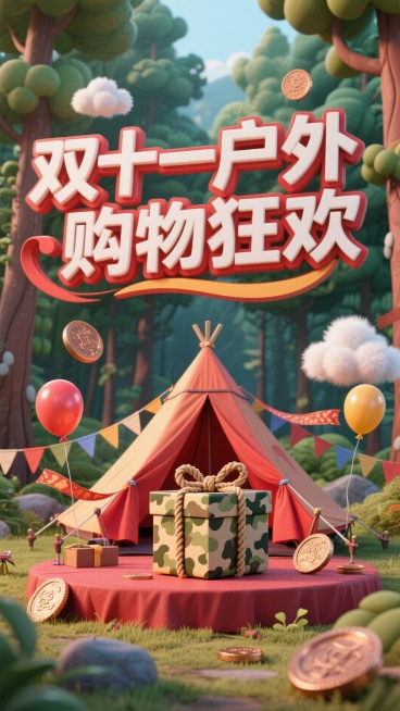 核心是 “双十一户外购物狂欢” 的木质立体大字，置于森林中的红色露营地舞台（有帐篷元素）。背景是卡通森林景观、露营风格的礼盒（带户外绳结装饰）、迷彩风彩带、铜币（复古户外探险感）、蓬松的白云、野营主题预览效果