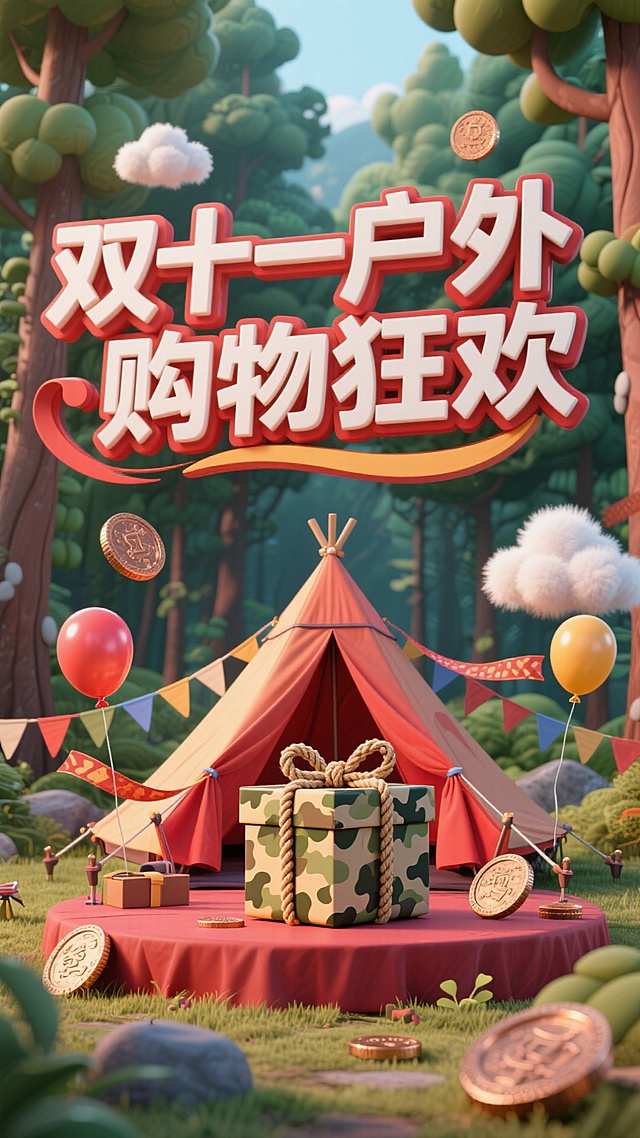 软3D风卡通场景，融合轻拟物与粘土质感，梦幻森林中帐篷与礼物盒营造喜庆氛围，金币飘浮呼应双十一购物狂欢主题。
