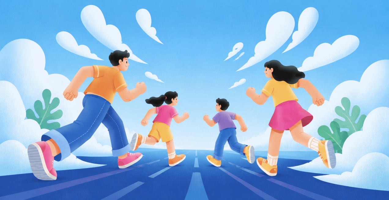 参考这张图片的扁平插画风格，重新生成一家人向前跑步的画面内容，保留云朵和公路的元素，风格一致预览效果