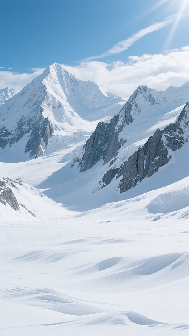 超写实风格的雪山风景，纯净的白色冰雪覆盖着连绵起伏的险峻山峰，山体岩石的深灰色纹理清晰可见，山顶被厚厚的积雪覆盖，呈现出尖锐的轮廓。近处是广阔无垠的雪原，雪地上有自然形成的柔和起伏和被风吹出的波纹。天空是明亮的蔚蓝色，点缀着几缕轻薄的白色云彩，阳光从云层间隙洒落，在雪山上形成明亮的高光和深邃的阴影，营造出宁静、壮丽而寒冷的氛围。