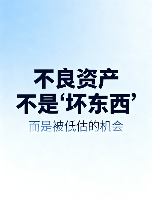金融总结海报，大字内容是“不良资产不是'坏东西'”，小字内容是“而是被低估的机会”，背景是简洁纯色或渐变背景，整体风格简约大气预览效果