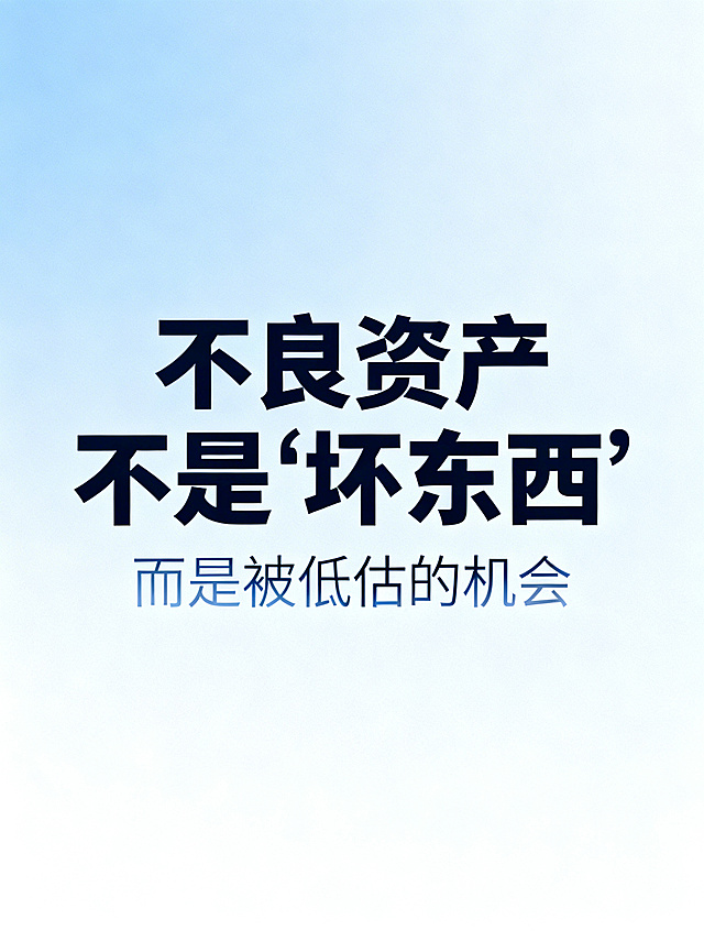 金融总结海报，大字内容是“不良资产不是'坏东西'”，小字内容是“而是被低估的机会”，背景是简洁纯色或渐变背景，整体风格简约大气