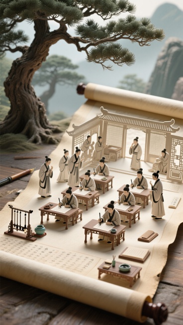 卷轴平铺打开，上面是立体的古代科举考试场景剪纸，背景是松柏树。预览效果