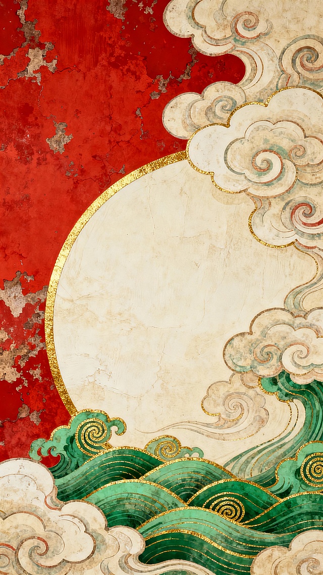 中国传统风格装饰画，以大面积正红色为背景，带有细腻的纹理和斑驳的质感，右侧和底部装饰着大量卷曲的云纹图案，云纹以米白色为主，边缘有金色勾勒，底部则是层层叠叠的绿色波浪纹，同样以金色线条勾勒螺旋状纹理，整体色彩对比鲜明，呈现出浓厚的古典韵味和吉祥寓意，构图饱满，线条流畅，具有传统工笔画的精致细腻感。