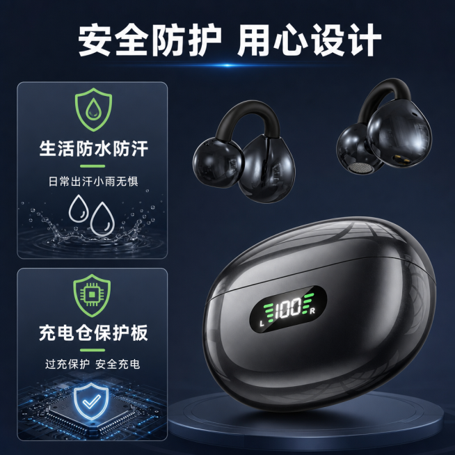 [第6屏] 安全防护设计讲解页面，生活防水与充电仓保护板设计，夹耳式蓝牙耳机。本屏使用【图3】黑色款产品作为展示主体。
[氛围/风格] 科技功能说明风，专业严谨，结构清晰，可视化讲解。
[元素布局]预览效果