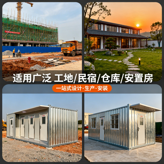 淘宝场景展示图，分四格展示镀锌方管吊装厕所的多场景应用：工地现场、民宿庭院、仓库配套、安置房区，每个场景配对应场景图，中间用文字"适用广泛 工地/民宿/仓库/安置房""一站式设计·生产·安装"，暖色调预览效果