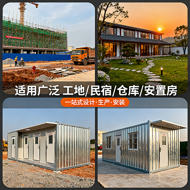 淘宝场景展示图，分四格展示镀锌方管吊装厕所的多场景应用：工地现场、民宿庭院、仓库配套、安置房区，每个场景配对应场景图，中间用文字"适用广泛 工地/民宿/仓库/安置房""一站式设计·生产·安装"，暖色调氛围，几何无衬线字体