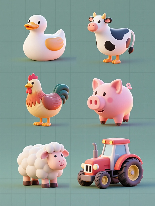 一系列6个完全不同造型的农场元素集合，保持3D立体风格，每个元素都有光滑圆润的边缘、渐变光影效果和鲜明色彩对比，包括鸭子、奶牛、鸡、猪、绵羊和拖拉机，它们以规整的网格排布在纯色背景上，整体呈现出可爱卡通的视觉效果，每个元素都具有独特的姿态和细节特征。