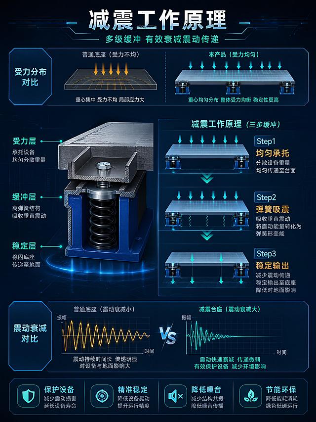 [第6屏] 功能原理-减震器台座工作原理示意图解。本屏使用【图1】作为产品主体配合原理示意。
[氛围/风格] 科技原理图风，信息可视化，专业易懂，工业蓝配色。
[元素布局] 左侧放置减震器台座侧面剖视图，可见台面、弹簧、底座三层结构；右侧用箭头和波形图示意减震原理：设备重力向下→台面均匀受力→弹簧压缩缓冲→震动能量吸收→底座稳定传递至地面；上方有受力分布示意图，显示重心均匀分布的对比（普通底座vs本产品）；下方有震动波形衰减对比图；背景为深蓝渐变，加科技感网格线。
[光影质感] 产品剖面有金属截面质感，原理图形发光线条效果，整体冷色调科技光感。
[配色色系] 全局底色 #1A252F 深蓝黑；主色科技蓝 #3498DB；辅助色青绿色 #1ABC9C；数据高亮色为橙黄色。
[视角构图] 左右分栏构图，左侧产品剖面，右侧原理示意，阅读动线从左到右、从上到下。
[文字版式] 顶部主标题「减震工作原理」，副标题「多级缓冲 有效衰减震动传递」；左侧剖面图标注「受力层」「缓冲层」「稳定层」；右侧三步原理说明：Step1「均匀承托」- 分散设备重量；Step2「弹簧吸震」- 吸收垂直震动；Step3「稳定输出」- 减少对地面影响；底部对比文字「普通底座 vs 减震台座」配波形对比图。
[比例分辨率] 3:4 竖版比例，4K 分辨率，文字清晰可辨，高清画质。
[负向提示词] 产品变形，原理图形模糊，文字过小，水印，颜色偏差，背景杂乱。