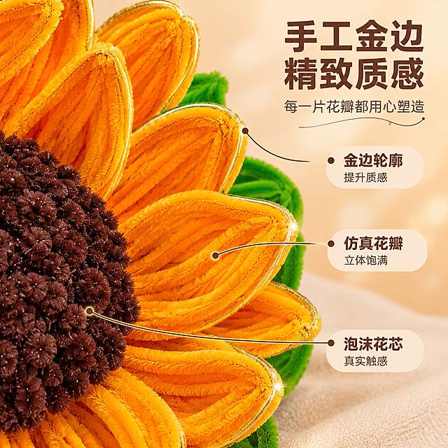 [商品] 使用【图3】手工金边向日葵摆件细节图；保留橙黄色仿真花瓣扭纹纹理、深棕色泡沫花芯颗粒质感、绿色花萼的结构与颜色，保留金边轮廓线条；商品处理：放大花瓣与花芯细节，增强花瓣绒面质感与金边光泽，保持手工扭纹的真实肌理，不改变材质特征。
[画面] 第3张·细节质感·微距质感型，目标是突出手工金边与花瓣立体纹理。左侧大区域为花瓣与花芯微距特写，主体占画面约70%，展示花瓣金边轮廓、绒面纹理与花芯颗粒质感。右侧留白放置文字信息区，用细引线指向花瓣金边、花瓣纹理、花芯质感三个细节点。
[视觉] 套系策略：风格=温馨治愈家居商业摄影；标题字=阿里巴巴普惠体粗体；正文字=阿里巴巴普惠体常规；主色=暖橙黄；背景延展=基于暖橙黄做浅米白到奶杏色的渐变背景、同色系柔和光斑与织物纹理；强调色=深棕褐，仅用于小面积图标、引线和标签点缀；标题色=深暖棕；正文色=中暖灰；组件=圆角浅杏色信息卡、细曲线引线、圆点装饰；光影=左前侧暖柔光，右侧柔和补光，底部自然投影。
[文字] 右上区域主标题"手工金边 精致质感"，副标题"每一片花瓣都用心塑造"。右侧配3个细节说明"金边轮廓 提升质感""仿真花瓣 立体饱满""泡沫花芯 真实触感"，配引线指向对应部位。全部文字横排。
[规格] 图片比例1:1正方形，4K，负向提示：避免变形、错字、文字过小、冷蓝背景、花瓣颜色改变、结构失真、极限词、淘宝平台违禁词、小标致图案、天然/环保/原生态等违规词。