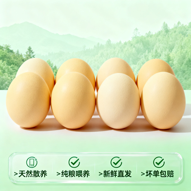 [主图 5] 服务承诺转化收尾；
[氛围风格] 简洁明了，干净统一，天然健康风格；
[画质] 商业摄影质感、光线柔和通透、产品清晰真实、画面干净高级，高清细节，色彩柔和。
[元素] 多枚土鸡蛋整齐摆放预览效果