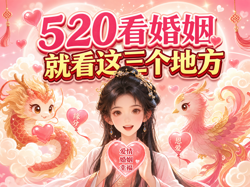 根据上传人物的五官制作Q版抖音视频封面，加入爱心、龙凤主题元素，设计风格浪漫可爱，添加标题文字"520看婚姻 就看这三个地方"预览效果