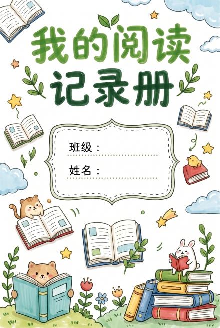 我的阅读记录册封面，马克笔风格简笔画，参考示例图片的手绘风格，画面顶部写大标题"我的阅读记录册"，下方预留出填写班级和姓名的位置，整体风格清新可爱，尺寸A4（210*297mm）预览效果