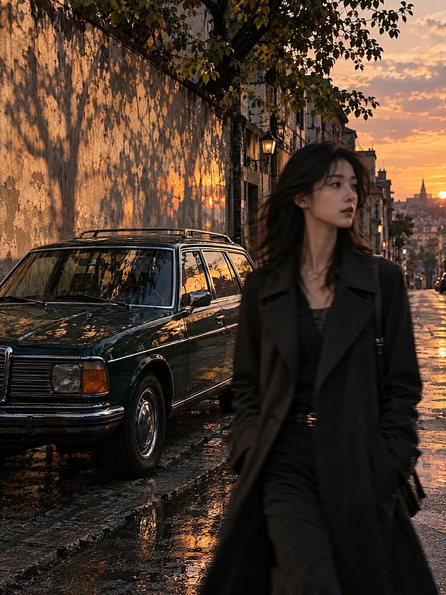 竖版3:4写实电影静帧：同一条黄昏旧街，深墨绿色老旅行车停在墙边，一位穿深色风衣的原创东亚女性从前景慢慢走过，人物有自然的轻微运动虚焦但画面本身为静帧，墙上树影和暮色反光。画面中无文字、无水印、无logo、无字幕。超高清2K画质，细节丰富。