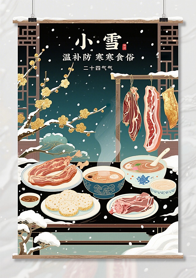 国潮插画风格，二十四节气小雪饮食指南海报，画面主体是腊味、糍粑、羊肉汤等小雪传统食物，搭配飘雪、腊梅、腌肉场景等小雪节气元素，顶部有文字"小雪·温补防寒食俗"，整体色调温暖厚重，传统国风配色，适合上墙展示