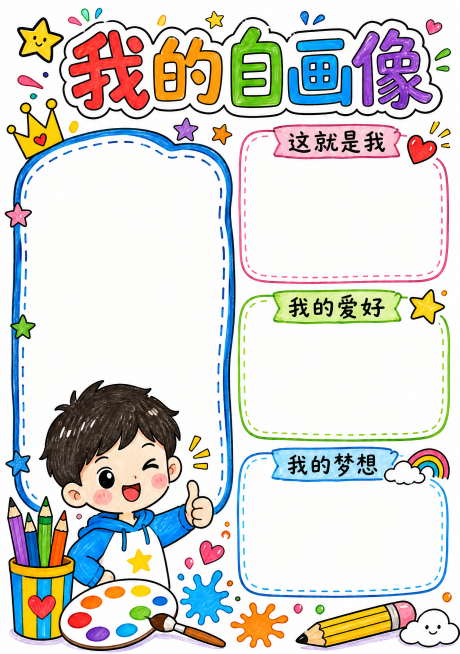 制作竖版A4我的自画像手抄报，尺寸210*297，马克笔手绘风格，白色背景，顶部彩色卡通大标题“我的自画像”，左侧绘制一个大的卡通自画像框，右侧分为这就是我、我的爱好、我的梦想三个文字板块，整体风格活预览效果
