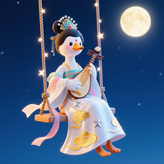 鹅形象拟人化（嫦娥打扮），抱着琵琶，坐在夜空的秋千上。干净的中秋夜空背景。元素完整