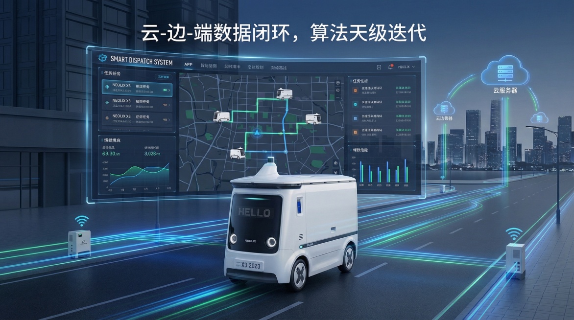 以新石器无人车X3为主体，背景展示APP调度界面、路线规划地图，突出智能调度系统，添加知识点“云-边-端数据闭环，算法天级迭代”，体现运营智能化预览效果