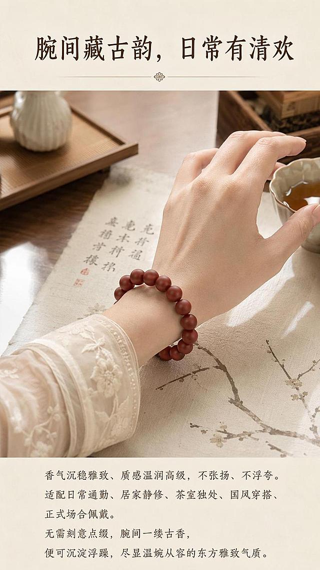 [第7屏] 佩戴场景-花蕊夫人古法宫廷合香珠日常佩戴展示页，本屏使用【图1】作为商品主体。
[氛围/风格] 日常国风氛围感，真实自然场景代入，东方雅致生活感。
[元素布局] 手串佩戴在优雅女性手腕上，放置画面中心，背景为素雅茶室茶桌桌面，搭配薄胎茶杯和宣纸，场景元素丰富，保留手串本身红棕色圆串珠的外观不变。
[光影质感] 室内柔和自然光，氛围温暖沉静，真实自然。
[配色色系] 全局底色 #F5F0E6，主色浅木色茶室背景，辅助色手串红棕色，米白色宣纸。
[视角构图] 中心构图，主体突出，场景氛围感强。
[文字版式] 顶部板块标题「腕间藏古韵，日常有清欢」，正文文案「香气沉稳雅致、质感温润高级，不张扬、不浮夸。适配日常通勤、居家静修、茶室独处、国风穿搭、正式场合佩戴。无需刻意点缀，腕间一缕古香，便可沉淀浮躁，尽显温婉从容的东方雅致气质。」文字放置顶部和底部，不遮挡手腕手串主体。
[比例分辨率] 9:16竖版比例，4K分辨率，文字清晰可辨，高清画质。
[负向提示词] 手串变形，颜色偏差，人物肢体扭曲，文字遮挡主体，水印