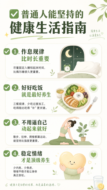 小红书内页图，标题"✅ 普通人能坚持的健康生活指南"，分四个板块：🌙作息规律比时长重要、🥗好好吃饭就是最好养生、🧘不用逼自己动起来就好、💛稳定情绪才是顶级养生。每个板块配简单说明，绿色对勾标注预览效果