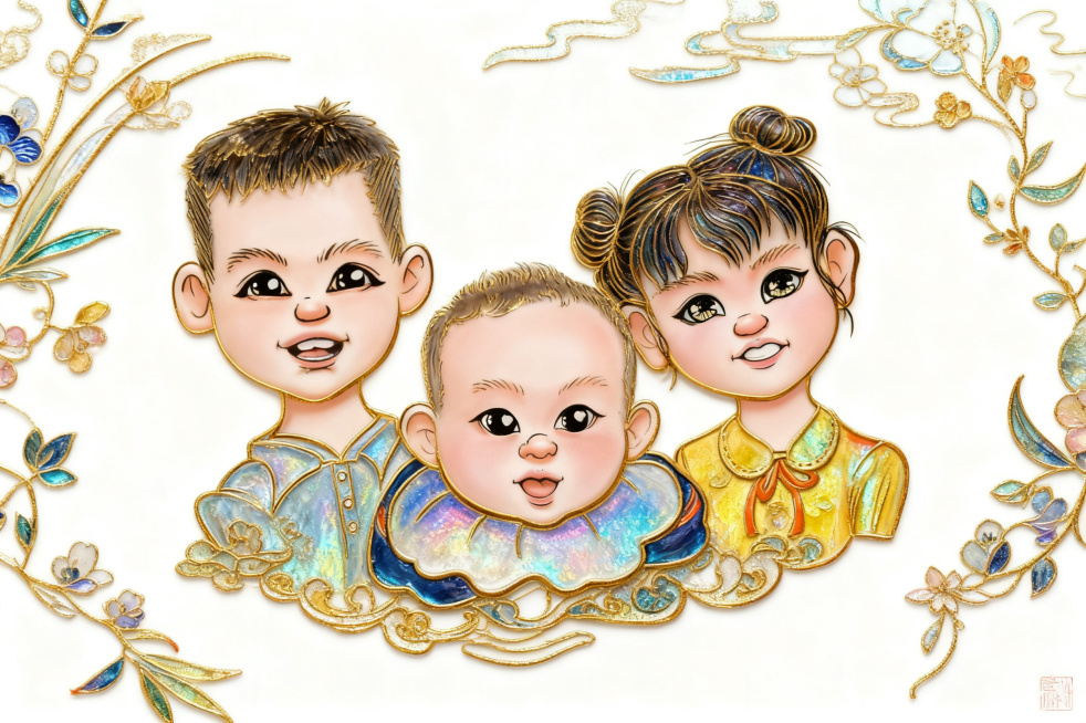 保留原图三个小孩的人物构图和形象特征，生成掐丝珐琅工艺风格的家庭肖像插画，白色背景，清晰线条，传统掐丝珐琅色彩质感预览效果