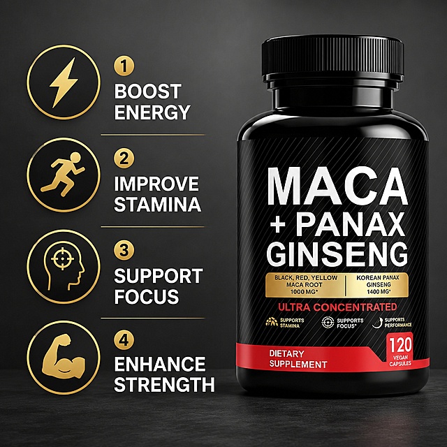「图片1」，生成一套主图（16张），商品名称Male Enlargement Natural Peruvian Maca Capsules Men Special Formula Herbal Extract Boost Male Energy Physical Strength，适配亚马逊/跨境平台，主图比例为1:1