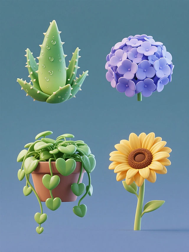 纯色背景下，软3D风格的系列素材集合，画面整体色彩变换，保持元素类目，规整排布。包含四个完全不同元素内容：左侧上方是一株饱满的芦荟，叶片厚实，边缘有小刺，表面带有晶莹的水珠，呈现出清新的绿色；右侧上方是一朵盛开的绣球花，花瓣层层叠叠，颜色为柔和的蓝紫色，花型圆润饱满；左侧下方是一盆茂盛的绿萝，藤蔓细长下垂，叶片呈心形，翠绿有光泽，生机勃勃；右侧下方是一朵灿烂的向日葵，花盘硕大，金黄色的花瓣围绕着棕色的花芯，花茎挺拔，展现出积极向上的活力。每个元素都具有软3D的质感，光影柔和，边缘圆润，整体设计简洁大方，信息传达清晰，符合现代设计感。