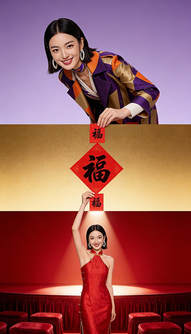 【上层场景，占比45%】：背景纯浅紫色 。身穿紫色+橙色的拼接时尚质感高级定制高定服饰（参考图1）的高级亚洲模特（参考图2），她大眼睛双眼皮，长相很时髦，微笑，齐肩短发大背头， 女性模特弯腰，上半身跨越界面从场景中延伸到底部场景，右手拿着红色小小的红底金字福字，从上层画面底部伸出，从中间信息条的上方穿过，传递到下层场景；下层场景中的年轻女性的手抬起接着上层场景递过来的小小的红底金字福字，小小的红底金字福字经过中间信息条上面。
	
【中间场景  画面占比15%】：（通栏分割上下两个真实场景），金色渐变背景且布局简洁规整，不放任何文字，上方递出的小小的红底金字福字显示在中间信息条上面。
	
【下层场景，占比40%】：一位亚洲年轻女性，齐肩短发大背头，红色礼服，服饰上有淡淡的花纹，旗袍上有金色几何条状装饰，站着，女性微笑地高高地抬起手接过从上方传递下来的小小的红底金字福字，手放在在中间场景上拿到（手需要握住小小的红底金字福字中下部），背景是红色的舞台 一束灯光打在模特身上，舞台下有红色帷幔 红色的几排丝绒凳子 奢华简约高级