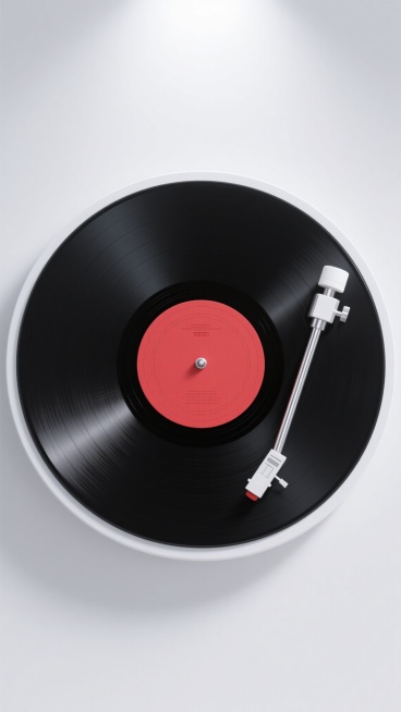 一张设计简约的黑胶唱片机产品展示图，采用高清晰度的3D渲染技术，具有光滑的塑料质感和金属光泽。画面主体是一个黑色圆形唱片，中央有一个红色标签区域，银色金属唱臂从右侧伸出，末端是白色唱头。整体构图为对称的圆形布局，背景为纯白色，突出产品主体。光线为柔和的顶部光源，在唱片表面形成轻微的渐变高光，边缘有白色细边框。设计风格现代、极简，注重产品形态的精准呈现和材质的细腻表现，传达出高端、精致的科技产品感。预览效果