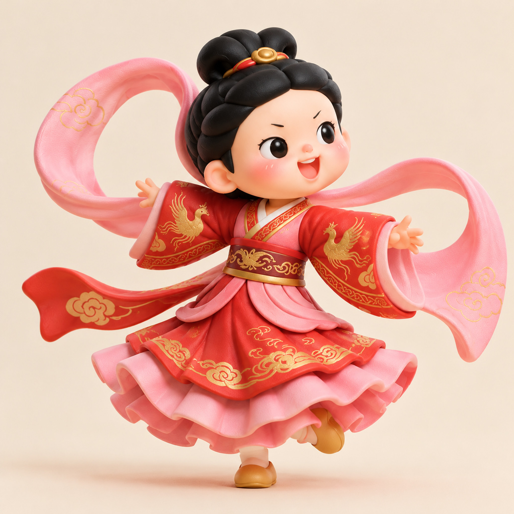 参考图中的Q版国风小女孩IP形象，保持一致的外貌特征：梳着双丸… - 图片创意预览