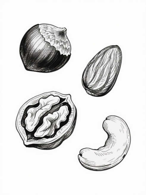 手绘素描风格的坚果系列素材集合，包含四个完全不同的坚果元素：完整的榛子、带壳的杏仁、剥开的开心果和完整的腰果，每个坚果都以细腻的黑白线条勾勒，展现出外壳的纹理和内部果仁的形态，采用与原图核桃相同的写实手绘笔触和线条质感，所有坚果元素在纯白色背景上呈不规则但均衡的规整排布，整体保持清晰的素描轮廓和自然的手绘阴影效果。预览效果