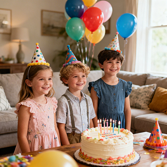 欧美儿童在家过生日，温馨舒适的居家客厅，摆放着生日蛋糕和彩色气球，儿童穿着可爱的生日服饰，脸上洋溢着开心的笑容，整体氛围热闹温馨，暖色调摄影风格，真实自然