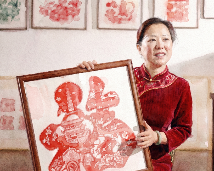将这张图片转换成水彩画风格，保留原有构图和人物、剪纸作品的内容，呈现水彩画的晕染质感和艺术效果预览效果