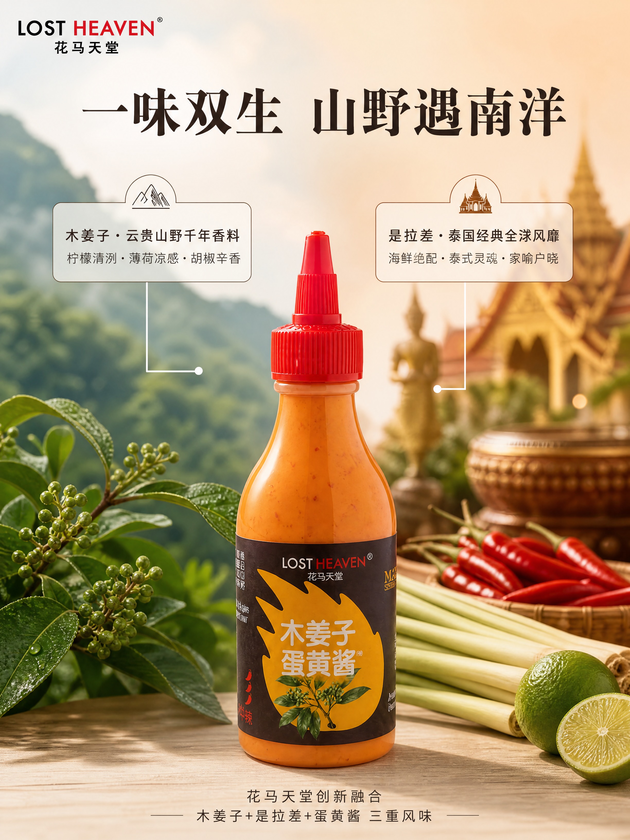 [商品] 使用【图1】木姜子蛋黄酱产品图；严格保留瓶身形状、红… - 图片创意预览