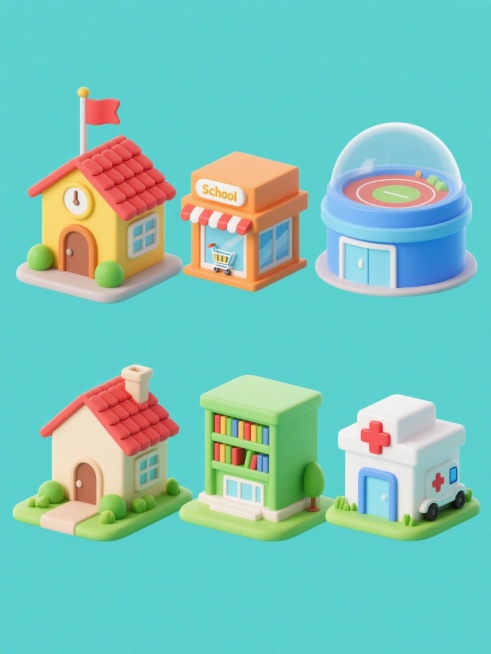 纯色背景上，六个软3D风格的建筑图标规整排布，整体采用明亮清新的蓝绿色调。每个建筑保持统一的圆润造型和简约设计语言：左侧第一个是带有红色瓦片屋顶、米色墙体和小烟囱的温馨房子，门前有绿色灌木丛和小径；第二个是黄色主体、红色屋顶的学校，带有钟楼和旗杆；第三个是橙色的超市，有大面积玻璃窗和购物车图标；第四个是蓝色的体育馆，顶部有穹顶和环形跑道元素；第五个是绿色的图书馆，正面有高大的书架式窗户和书本装……预览效果