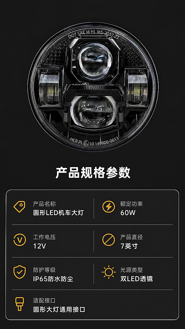 [第7屏] 参数规格-产品规格参数信息表。
[氛围/风格] 专业理性参数展示，干净清晰的排版风格，深色简约商务。
[元素布局] 本屏使用【图1】作为商品主体，产品放置在画面上方居中位置，占画面30%高度，保持圆形外观与原图一致。下半部分为参数表格区域，卡片式设计，深灰底色白色边框，参数项分两栏排列整齐。背景为纯深灰色，干净无多余装饰突出信息。
[光影质感] 均匀柔和顶光，产品清晰明亮，文字区域均匀亮度保证可读性，无明显硬阴影。
[配色色系] 全局底色：#1A1A1A（深黑灰）；参数卡片：#252525深灰卡片+白色细边框；文字：参数名称浅灰，参数内容白色，表头金色。
[视角构图] 产品上方居中平视展示，下方通栏参数表，上下排版符合手机阅读习惯，信息排布规整。
[文字版式] 顶部产品下方小标题"产品规格参数"白色居中；参数分栏展示：
产品名称：圆形LED机车大灯
额定功率：60W
工作电压：12V
产品直径：7英寸
防护等级：IP65防水防尘
光源类型：双LED透镜
适配接口：圆形大灯通用接口
所有参数清晰排列，表头名称金色，参数内容白色，可读性强。
[比例分辨率] 9:16竖版比例，4K分辨率，文字清晰可辨，超高清。
[负向提示词] 参数错误，文字模糊，表格错乱，产品变形，颜色偏差，水印。