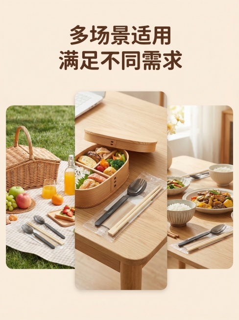 一次性筷子四件套场景展示图，小清新风格，明亮的外卖便当、野餐露营、日常就餐场景，产品摆放在场景中，整体氛围温馨舒适，浅暖色调，字体用圆体，搭配文字“多场景适用 满足不同需求”预览效果