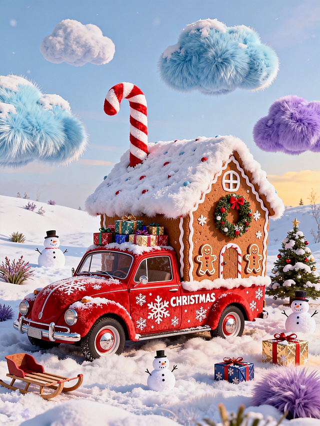 主视觉为一座姜饼屋，屋顶覆盖积雪，烟囱是红白拐杖糖样式，墙面装饰姜饼人、圣诞花环，前面有一辆红色复古小车，车身饰有雪花图案与 “CHRISTMAS”字样，车顶和车内堆满礼物盒，背景是雪景天空，雪地散落着雪人、雪橇、精美礼盒，还有圣诞树。