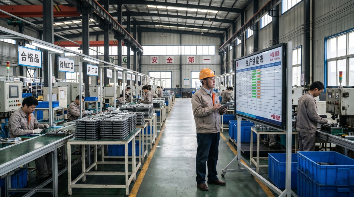 中国制造工厂车间，生产任务有序等待，工位旁摆放待加工的半成品工件，中国车间主管正在核对生产进度，所有标识文字为中文，写实工业摄影风格预览效果